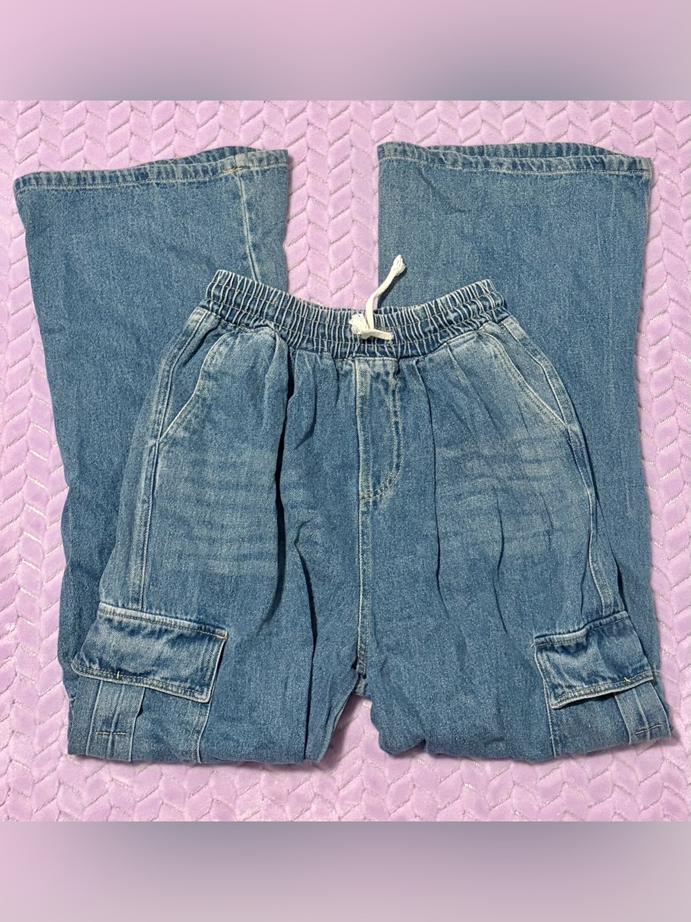 No Brand, Elastic-Waist Denim Cargo Pants - Blue